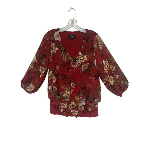 AGB Floral Print V-Neck Rust Tank/sheer overlay Layered Hem Size M Forest Fairy - Picture 2 of 10